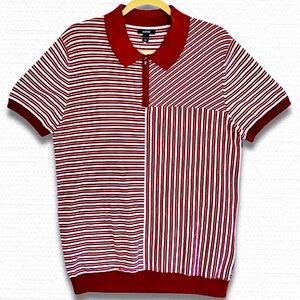 Mens Striped Knit Shirt, Y2K Zip Polo Dark Red & White, Large, Office Streetwear